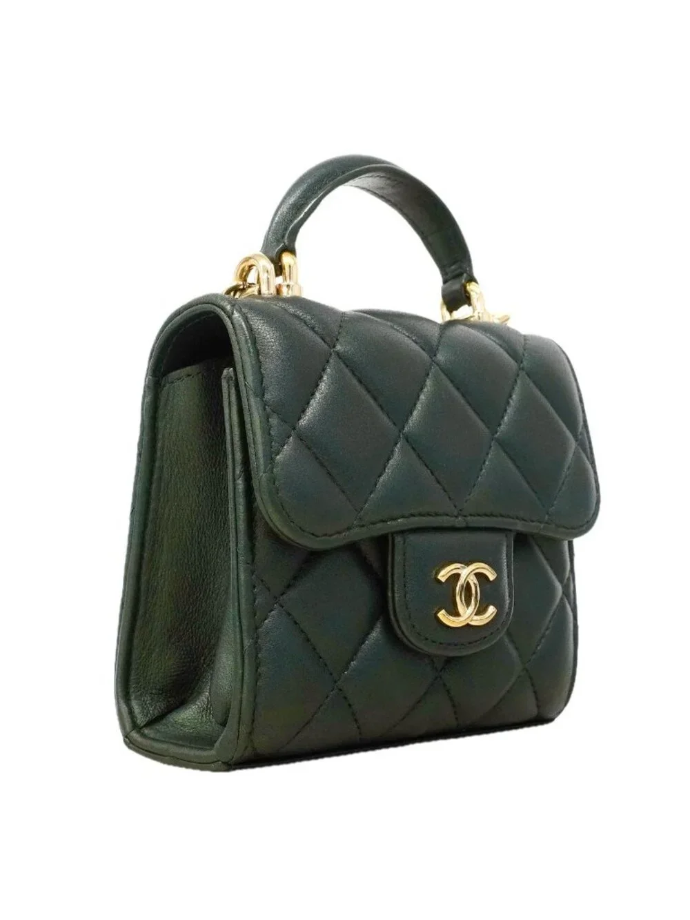 Chanel Handbag Quilted Lambskin Dark Green Champagne Gold 2-Way